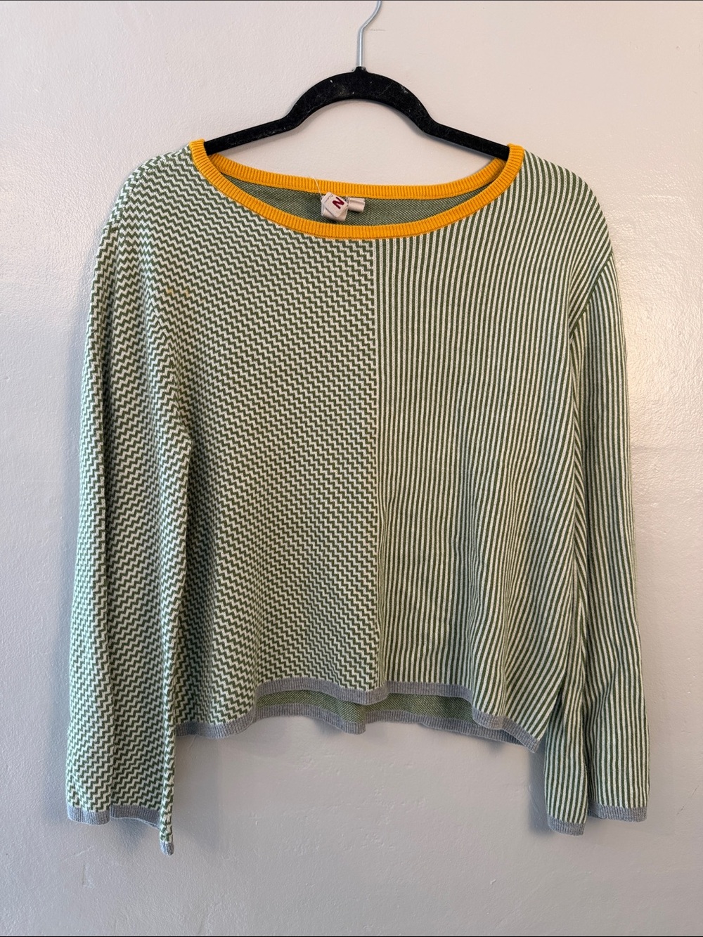 dolan Light Green Striped Long-Sleeve Knit Top with Yellow Trim size medium